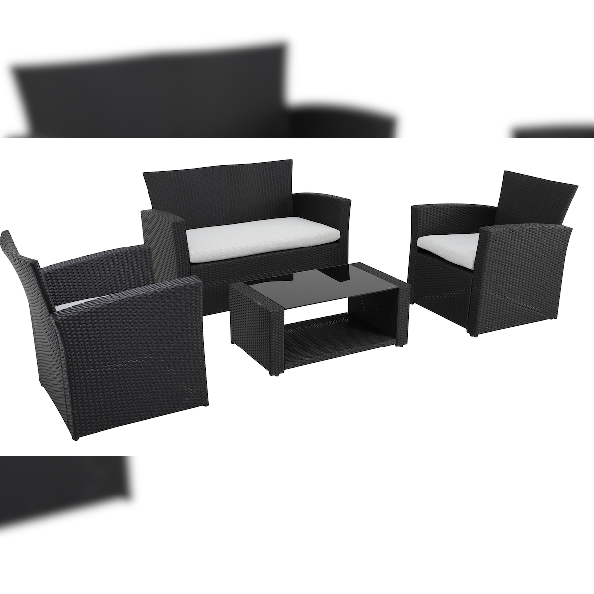 METRO PROFESSIONAL Outdoor Lounge Brantford 4-tlg., PE-Rattan/Polyester/Glas, 1 x 2-Sitzer-Sofa, 2 Sessel, 1 Tisch, schwarz Image