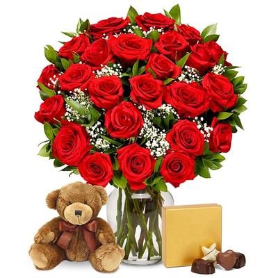 Two Dozen Long Stemmed Red Roses with Chocolates &...
