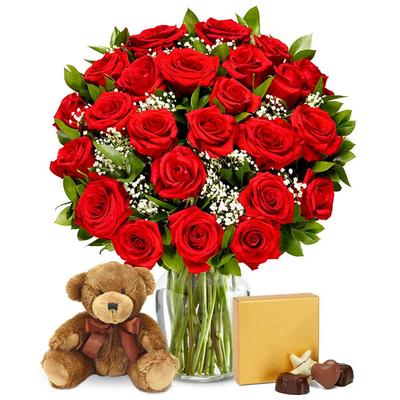 Two Dozen Long Stemmed Red Roses with Chocolates & Bear