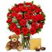 Two Dozen Valentine's Day Long Stemmed Red Roses with Chocolates & Bear