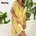 Robe de plage jaune à franges pour femmes cover-up pour maillots de bain tunique bikini paréos