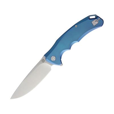 Artisan Cutlery Tradition Framelock Folding Knife 5.13in Closed 4in Stonewash S35Vn SS Drop Point Blue Anodized Titanium Handle Pocket Clip Metal Gift
