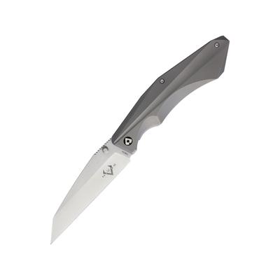 V NIVES Sportster Framelock Folding Knife 4.88in Closed 3.88in Satin 154Cm SS Wharncliffe Blade Gray Sculpted Titanium Handle Thumb Stud Pocket Clip
