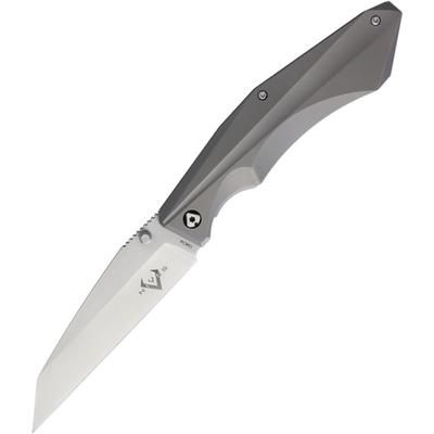 V NIVES Sportster Framelock Folding Knife 4.88in Closed 3.88in Satin 154Cm SS Wharncliffe Blade Gray Sculpted Titanium Handle Thumb Stud Pocket Clip