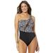 Plus Size Women's One Shoulder Mesh One Piece Swimsuit by Swimsuits For All in Black White Dot (Size 14)