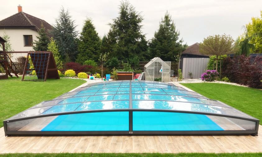 Poolüberdachung / Schwimmbeckenüberdachung mit einseitiger Schiene SkyCover® Neo Clear 4.0x7.4m Image
