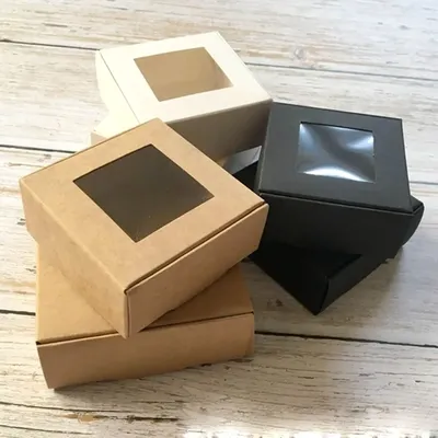 Boîte en papier kraft marron/noir/blanc carton fait à la main fenêtre en PVC transparent boîtes