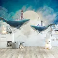 Papier peint Photo Mural personnalisé Style nordique créatif peint à la main nuages bleu ciel