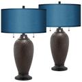 Franklin Iron Works 24 1/2" Hammered Lamps with Blue Shades Set of 2