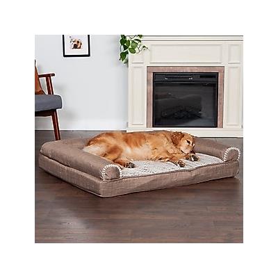 FurHaven Luxe Fur & Performance Linen Orthopedic Sofa Cat & Dog Bed w/Removable Cover, Woodsmoke, Jumbo