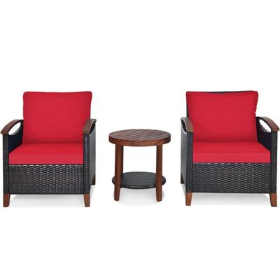 Costway 3 Pieces Patio Rattan Furniture Set with Washable Cushion and Acacia Wood Tabletop-Red
