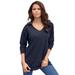 Plus Size Women's Fine Gauge Drop Needle V-Neck Sweater by Roaman's in Navy (Size 1X)