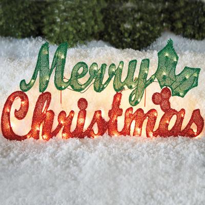 Pre-Lit Merry Christmas Sign by BrylaneHome in Red Green Figurine