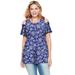Plus Size Women's Short-Sleeve Cold-Shoulder Tee by Woman Within in Blue Cloud Sketched Floral (Size 30/32) Shirt