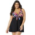 Plus Size Women's Tie Front V-Neck Swimdress by Swimsuits For All in Sparkler Leaf Print (Size 20)