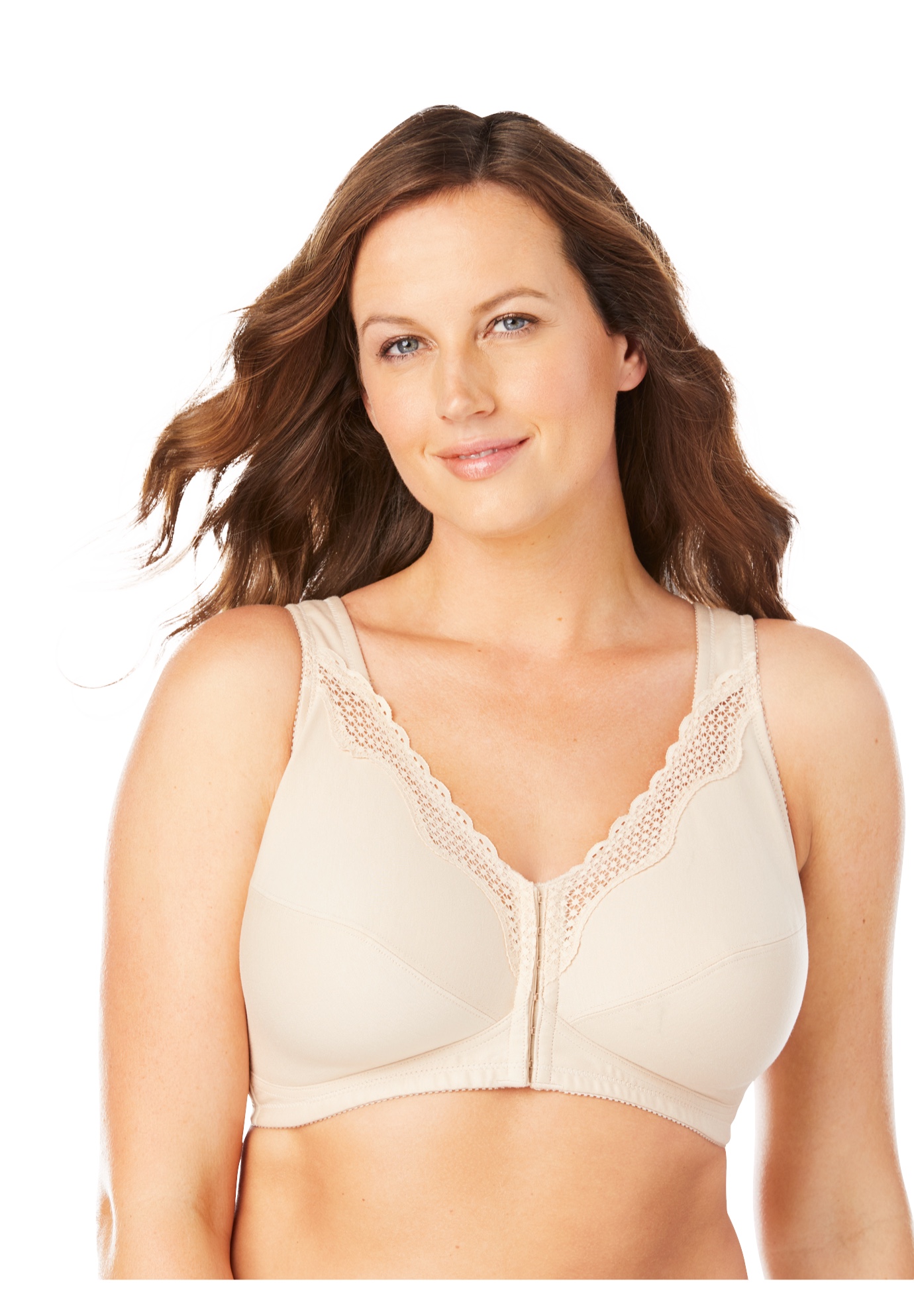 Plus Size Women's Front-Close Cotton Lace Wireless Posture Bra 5100531 by Exquisite Form in Damask (Size 44 C)