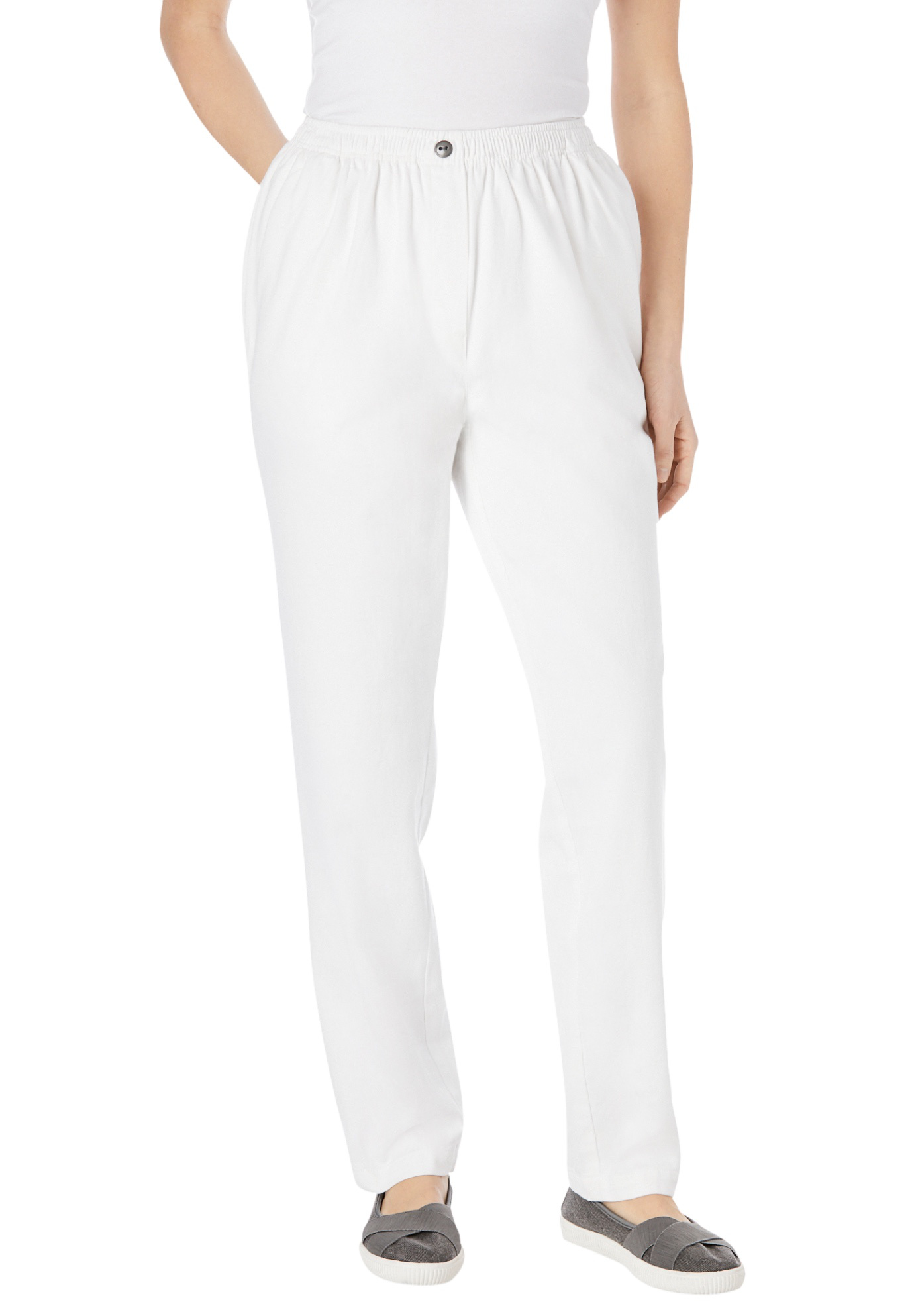 Plus Size Women's Straight-Leg All-Cotton Denim Pull-On 7-Day Elastic-Waist Jeans by Woman Within in White (Size 26 T) Pant