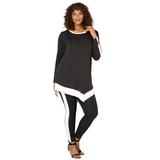 Plus Size Women's Contrast-Trim Lounge Set by Roaman's in Black White (Size 30/32) Matching Long Sleeve Shirt and Leggings