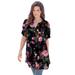 Plus Size Women's Short-Sleeve Angelina Tunic by Roaman's in Black Painted Floral (Size 34 W) Long Button Front Shirt