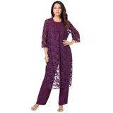 Plus Size Women's Three-Piece Lace Duster & Pant Suit by Roaman's in Dark Berry (Size 22 W) Duster, Tank, Formal Evening Wide Leg Trousers