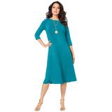 Plus Size Women's Ultrasmooth® Fabric Boatneck Swing Dress by Roaman's in Deep Turquoise (Size 14/16) Stretch Jersey 3/4 Sleeve Dress