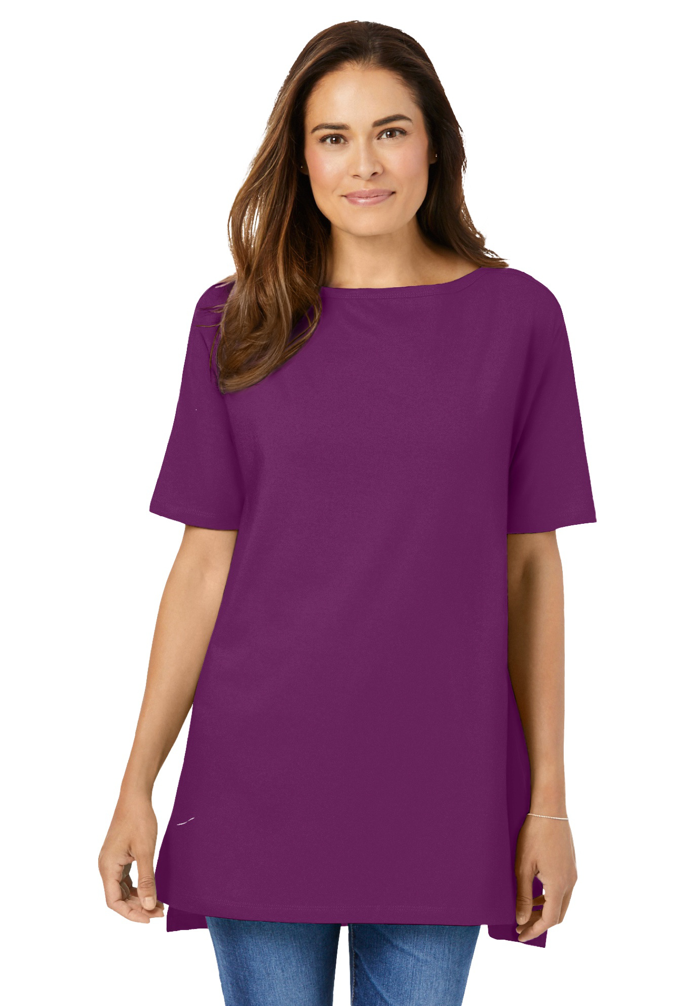 Plus Size Women's Perfect Short-Sleeve Boatneck Tunic by Woman Within in Plum Purple (Size M)