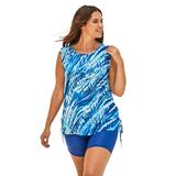 Plus Size Women's Chlorine Resistant Swim Tank Coverup with Side Ties by Swim 365 in Dream Blue Tie Dye (Size 30/32) Swimsuit Cover Up