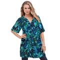 Plus Size Women's Short-Sleeve Angelina Tunic by Roaman's in Turquoise Tropical Leaves (Size 18 W) Long Button Front Shirt