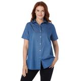 Plus Size Women's Short-Sleeve Denim Shirt by Woman Within in Medium Stonewash (Size 3X)