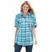 Plus Size Women's Short-Sleeve Button Down Seersucker Shirt by Woman Within in Deep Teal Camp Plaid (Size L)