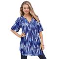 Plus Size Women's Short-Sleeve Angelina Tunic by Roaman's in Blue Abstract Ikat (Size 38 W) Long Button Front Shirt
