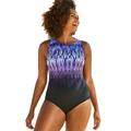 Plus Size Women's Chlorine Resistant High Neck Tummy Control One Piece Swimsuit by Swimsuits For All in Purple Aztec (Size 10)