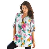 Plus Size Women's English Floral Big Shirt by Roaman's in White Hibiscus Floral (Size 22 W) Button Down Tunic Shirt Blouse