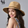 FURTALK-Chapeau d'été en paille pour femmes chapeau de plage ander chapeau de soleil Fedora E27
