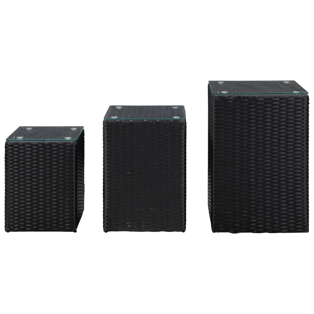 vidaXL Beistelltische 3 Stk. mit Glasplatte Schwarz Poly Rattan Image