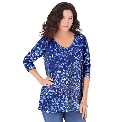 Plus Size Women's Long-Sleeve V-Neck Ultimate Tee by Roaman's in Navy Swirly Leaves (Size 22/24) Shirt