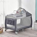 Baby Travel Cot with Mattress 114 x 77cm, 2 in 1 Foldable Baby Crib and Playpen (Birth to 3Y), Portable Infant Nursery Center Playard with Changing Table, Mosquito Net, Wheels, Carry Bag, Grey-White