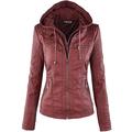 Newbestyle Faux Leather Jacket for Women Hooded Moto Biker Jacket Zip-Up Pleated Jacket Casual Coat Tops Wine Red 3XL
