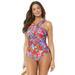 Plus Size Women's High Neck Wrap One Piece Swimsuit by Swimsuits For All in Red Floral (Size 18)
