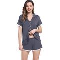 Button Up Pyjamas/PJs Shorts Set Short Sleeve Lace Bamboo Jersey Knit Cute Comfortable Sleepwear for Women (Dark Grey, Medium)