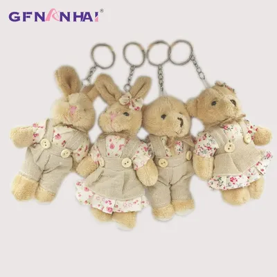 Porte-clés lapin ours en peluche pour couples poupées en peluche grill floral cadeau pour les