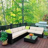 Latitude Run® Lelusa 7 Piece Patio Wicker Outdoor Sectional Seating Group w/ Cushions Glass Coffee Table Wood in White | Wayfair 6080-1007W