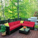 Latitude Run® Lelusa 7 Piece Patio Wicker Outdoor Sectional Seating Group w/ Cushions Glass Coffee Table Wood in Red | Wayfair 6080-1007R