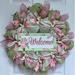 Rosalind Wheeler Spring Floral Welcome Wreath Mint & Pink Burlap/Deco Mesh in Green/Pink | 24 H x 24 W x 6 D in | Wayfair