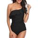 Yonique Swimsuits for Women One Shoulder Tankini Tummy Control Two Piece Bathing Suits Ruffle Swimwear, Black, Medium