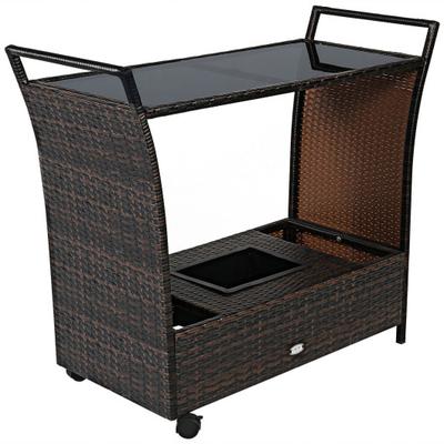 Costway Patio Rattan Bar Serving Cart with Glass Top and Handle