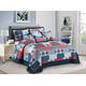 3 Piece Printed Patchwork Bedspread Quilted Comforter Bed Throw with Pillow Sham (Check Denim Red, King)