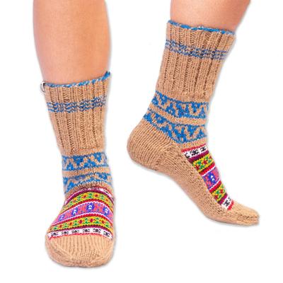 Chai Tea,'Hand-Knit Geometric Patterned Thick Slipper Style Socks'