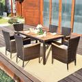 Red Barrel Studio® 7 Pcs Garden Dining Patio Rattan Set w/ Cushions Wood in Brown | 29 H x 59.6 W x 36 D in | Wayfair