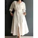 Turnfaith-Robe plissée taille haute à lacets pour femmes robes longues blanches col en V chic et